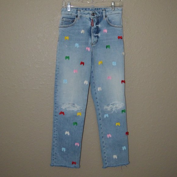 NWOT $1160 38 4 DSQUARED2 Boston Straight Leg Distressed Bow Detail Blue Jeans - Picture 3 of 9
